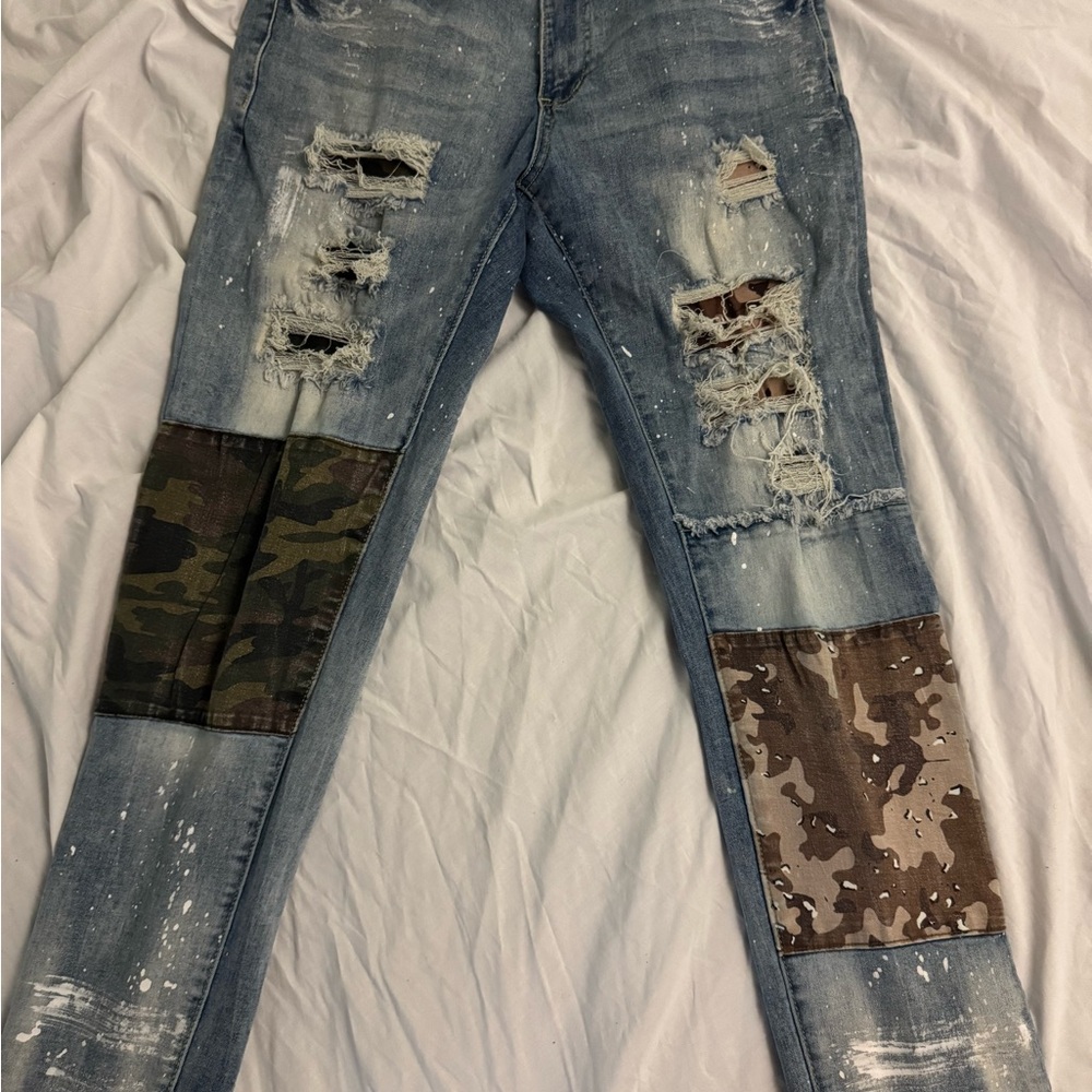 Men's Distressed Blue Jeans with Camouflage Patches
